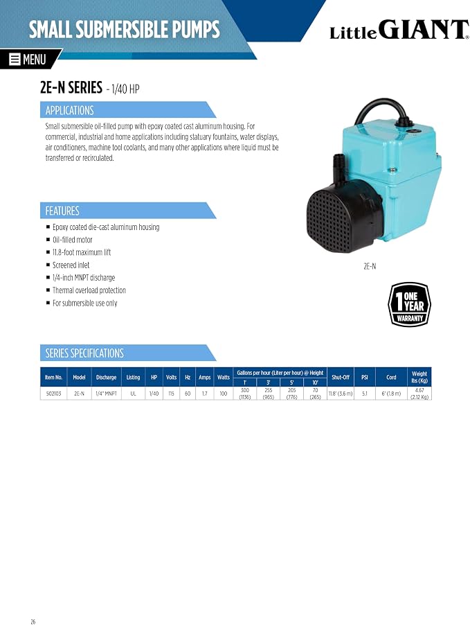 Little Giant 2E-N 300 GPH 115-Volt Manual Oil Filled Submersible Aluminum Direct Drive Submersible Pump, Blue, 502103