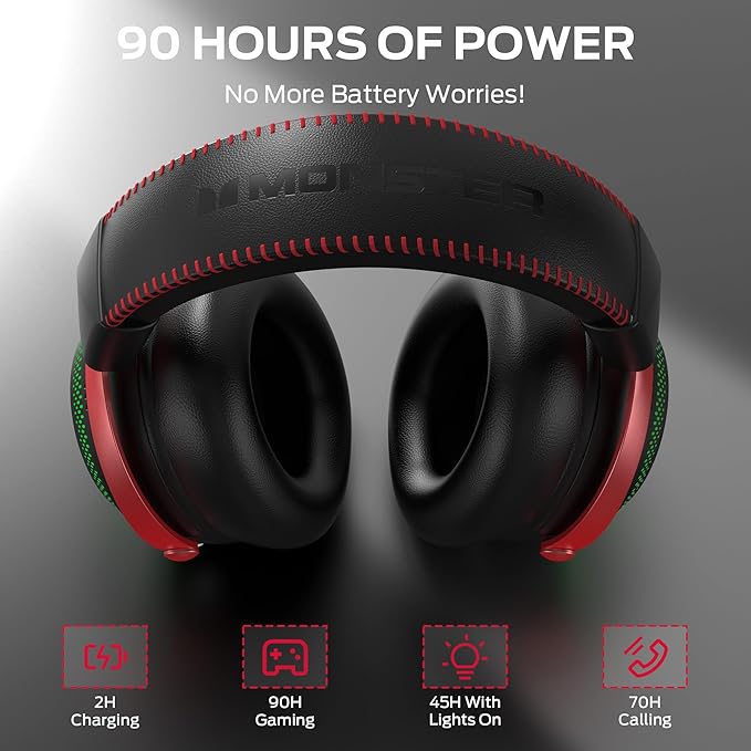 Monster Mission 350 Wireless Gaming Headset for PC, Ps4, Ps5, Xbox Headset with Virtual 7.1 Surround Sound Gaming Headphones, RGB Lights Over Ear Headphones for Switch, Xbox Series X/S, Laptop, Mobile