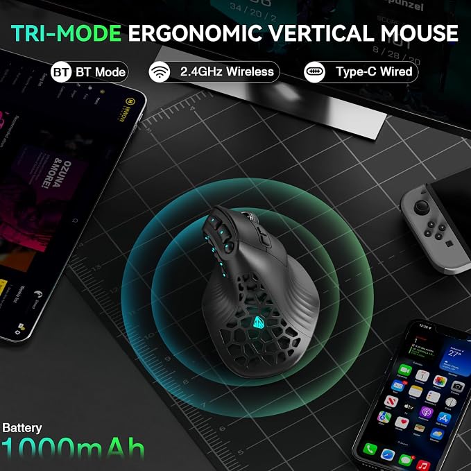 SOLAKAKA E9 Vertical MMO Gaming Mouse,24800 DPI,Tri-Mode Ergonomic Wireless Mouse with 10 Side Buttons,RGB Mouse for PC/Mac Black
