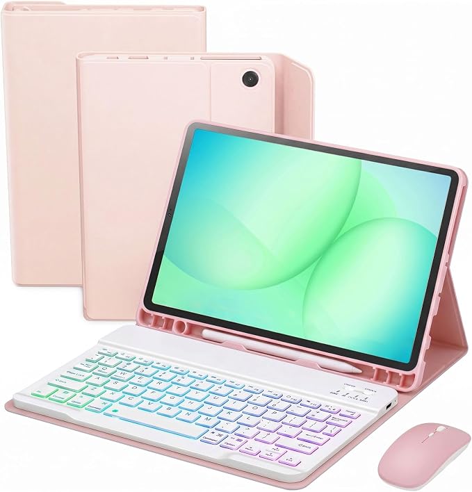 Keyboard Case for Samsung Galaxy Tab A11 Plus 11 Inch 2025 / A9+ Plus 2023 Tablet, Detachable Rainbow Backlit Wireless Keyboard and Mouse, Slim Stand Cover with S Pen Holder (Pink)