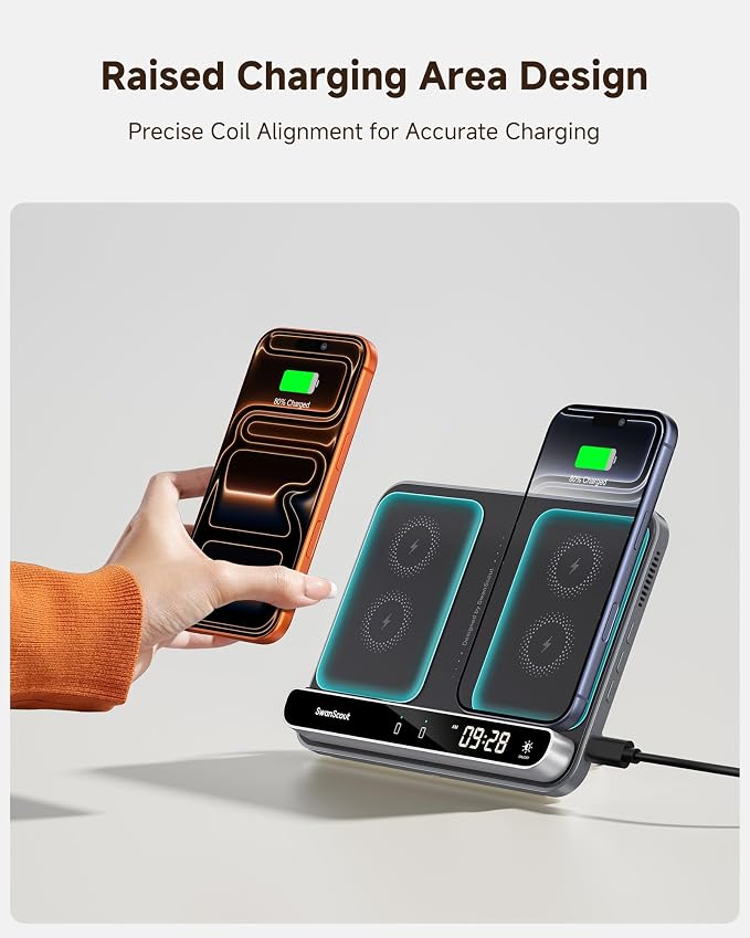 Dual Phone Charger, Wireless Charger for iPhone 17/16/15/14/13/12 Series, for Apple Watch 11/10/9/8/7/Ultra 3/SE 3, for AirPods 4/Pro 3/Pro 2, SwanScout 710A