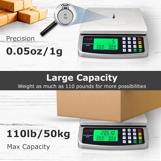 110lb Food Scale, Digital Kitchen Scale with Price Computing Commercial Scale 5 Units, Hold, Tare, PCS, 304 Stainless Steel for Baking, Cooking, Meat, Counting, Adapter Included
