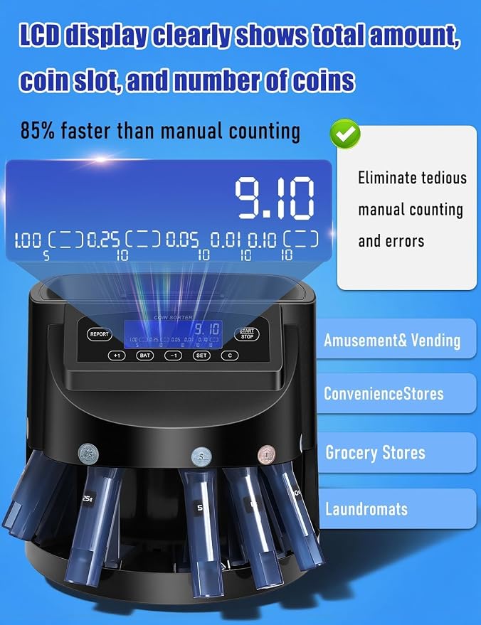 Coin Counter and Dollar Coin sorter with LCD Display, 300-coin Capacity, Supports Multiple Coin Types, Equipped with Sorting and Packaging Machine for Fast and Accurate Sorting (Coin Counter)