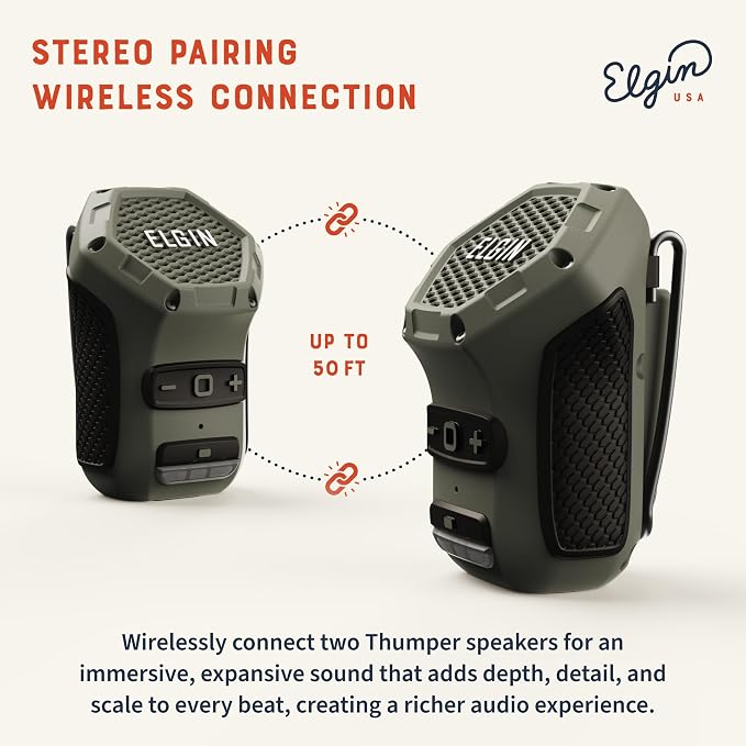 Elgin Thumper Mini Wearable Bluetooth Speaker, 35-Hour Battery Life, 50 ft Wireless Range, Water-Resistant, Magnetic Mount & Clip-On Design with LED Work Light for Jobsite, Outdoor & Everyday Use