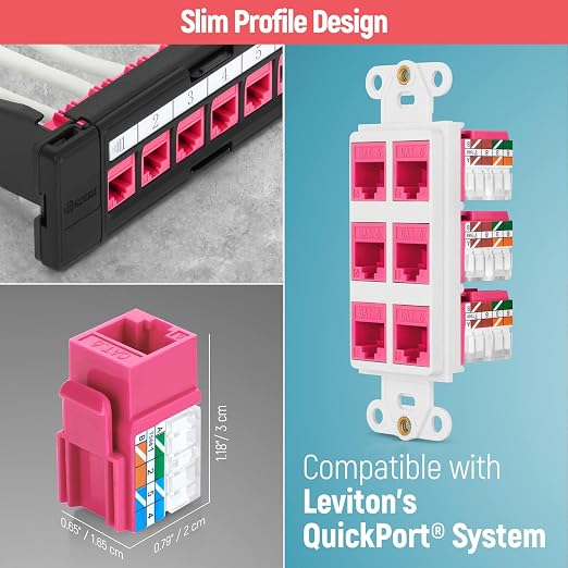 Everest 90° Angled RJ45 Cat6A Keystone Jacks 50-Pack in Pink - Slim Profile Female RJ45 Connectors - Cat 6A Keystone Jack - Compatible with 90° Angled Speed Termination Tool - easyJACK (B094WB91H3)