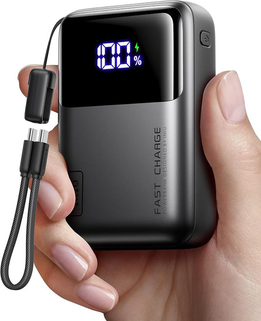 INIU 20000mAh Laptop Power Bank, Ultra Compact 65W PD Dual Fast Charging Portable Charger, Flight-Safe Battery Pack with USB C Cable for Travel, Families, Outdoor, Hiking, Metallic Black