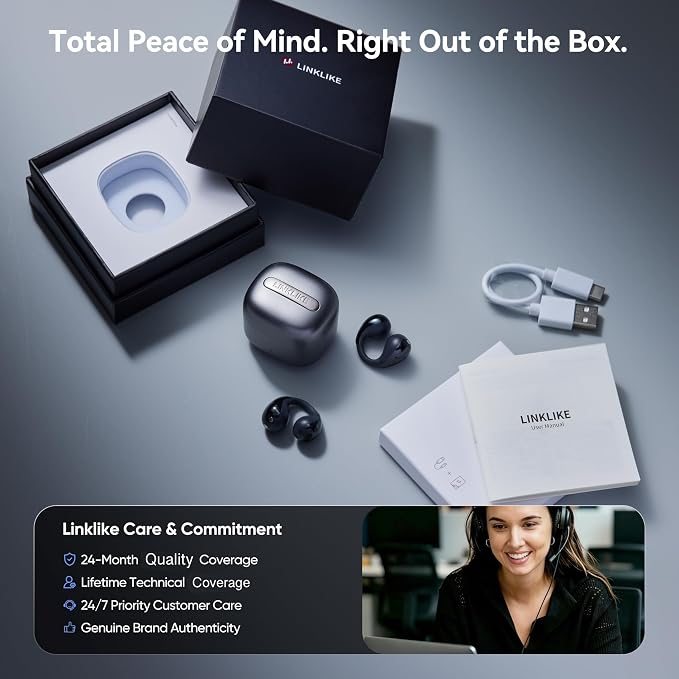 Linklike Most Comfortable Jewelry Open Ear Clip-on Earbuds with Zircon Earrings [All-in-One Storage] [Patented 0-Pressure] [Longest 70H Playtime] [Master-Tuned Hi-Res LDAC] Ideal Gift for Women, Gray