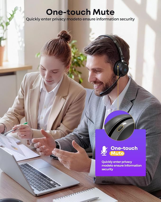 Wireless Headset with Mic for Work-Bluetooth Over Ear Headphones with Microphone,Noise Cancelling with Mute & USB Dongle for Computer/Phones/Remote Work/Call Center,Lightweight All Day Comfort