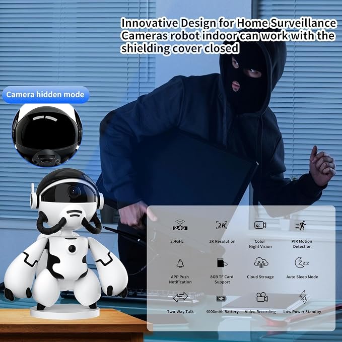 2K Hidden Camera Robot, 2.4G WiFi Security Indoor Robot Camera for Baby/Pet/Nanny, Long Battery Life, Two Way Audio, Night Vision, Battery Operated, PIR Motion Detection, Cloud & TF Card Storage