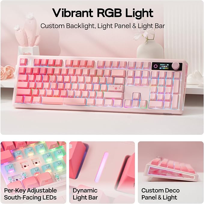 EPOMAKER TH108 V2 PRO Full Size Mechanical Keyboard with Screen&Knob, 10000mAh, BT/2.4Ghz, Mac Modifier PBT Keycap, Hot Swap, RGB, Gasket, Wireless Gaming Keyboard for Mac/PC (Pink, Sea Salt Silent)