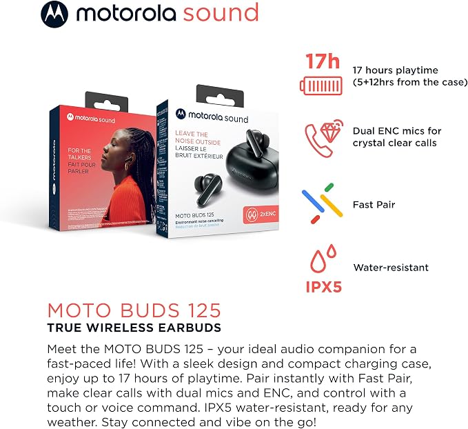 Motorola Sound Moto Buds 125 True Wireless Earbuds, IPX5 Waterproof Sweatproof Touch Control Ear Buds with Dual Noise Cancelling Microphone, Charging Case, Black