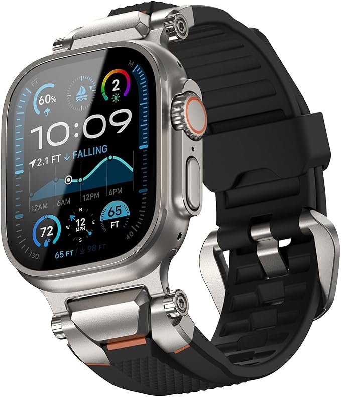 ULTIMAL Rugged Band for Apple Watch Ultra 3/2/1 49mm, Series 11/10/9/8/7/6/5/4 SE 46mm/45mm/44mm, Waterproof, Soft TPU Strap with Stainless Steel Buckle & Connectors, Sweat-Resistant, Easy to Clean, Fits 155-225mm Wrist (Titanium/Black)