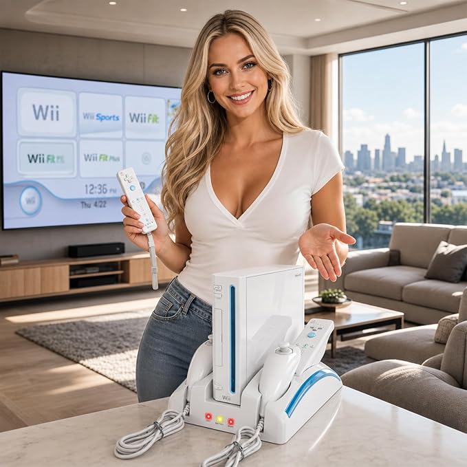 Wii Console Game Organizer Station,Wii Remote Charger Stand Base, 2 Pcs Rechargeable Battery Compatible with Nintendo Console Nunchuk Kit (White)