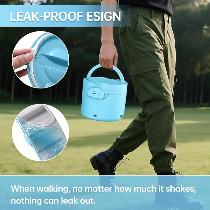 Electric Lunch Box Food Warmer, 34-Ounce Leakproof Portable Heated Lunch Container for Car, Truck, Office,Camping, 100W 12V/24V/110V/220V Bento Box Heater Gift For Women Men (Light Blue)