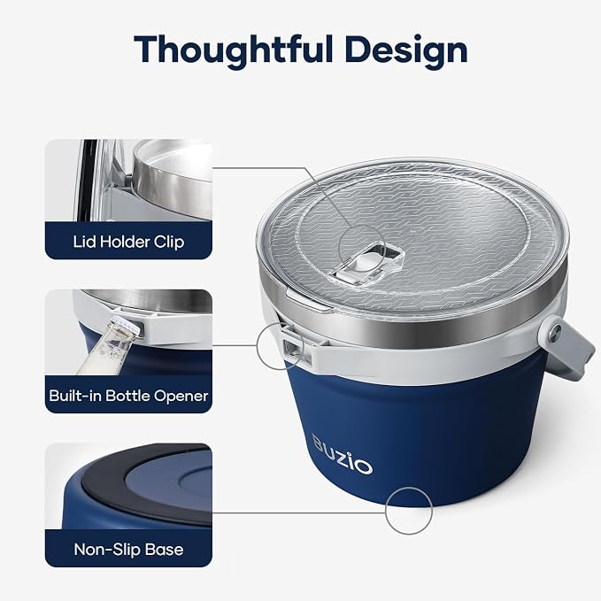 BUZIO 7 L Ice Bucket with Lid, Scoop, Tongs & Metal Cups, Double Wall Vacuum Insulated Stainless Steel Large Bucket with Handle & Adjustable Shoulder Strap, for Cocktail Bar, Blue