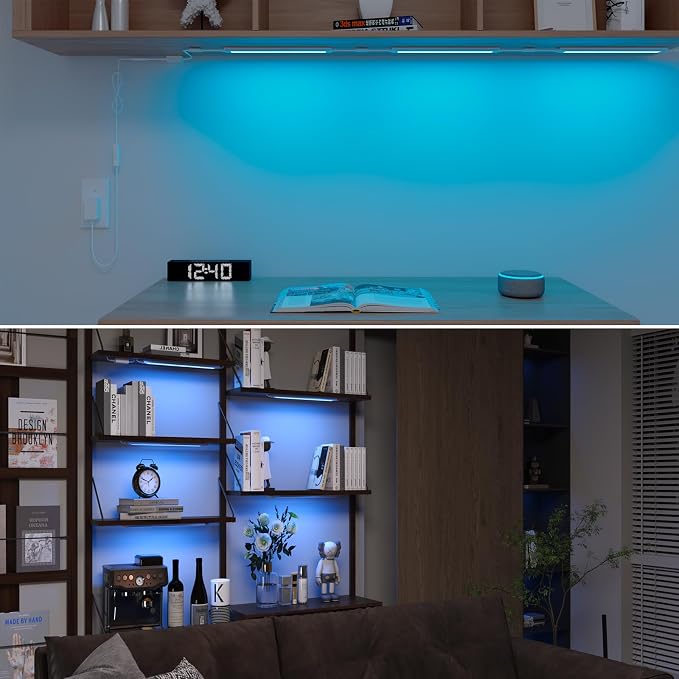 Smart Under Cabinet Lighting Plug In, RGB Multi Colored & White Work with Alexa, Google Assistant, APP, 12Inch Linkable LED Strip Lights Dimmable for Kitchen Counter, Shelf, Matte White Finished, 6PCS