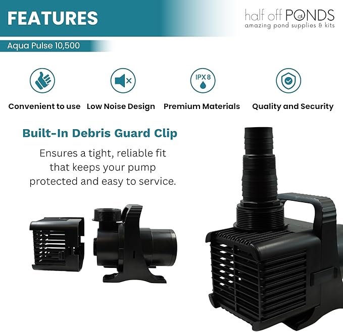 Aqua Pulse Submersible Pond Pump, 10,500 GPH, 200 ft Cord | 27 ft max head, 620W energy efficient, Ultra quiet, For koi ponds, Waterfalls, Fountains