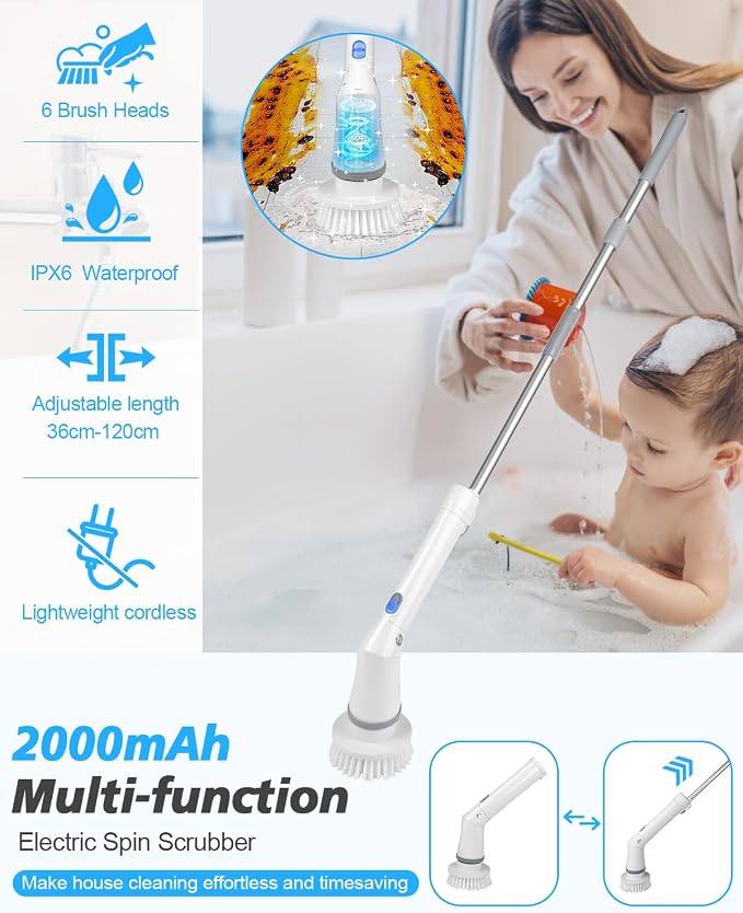 Electric Spin Scrubber Cordless,Power Scrubber Shower Cleaning Brush 400rpm,Bathroom Scrubber with 6 Replaceable Drill Brush Head, Adjustable Long Handle IPX6 for Clean Tile Tub Grout Toilet Car