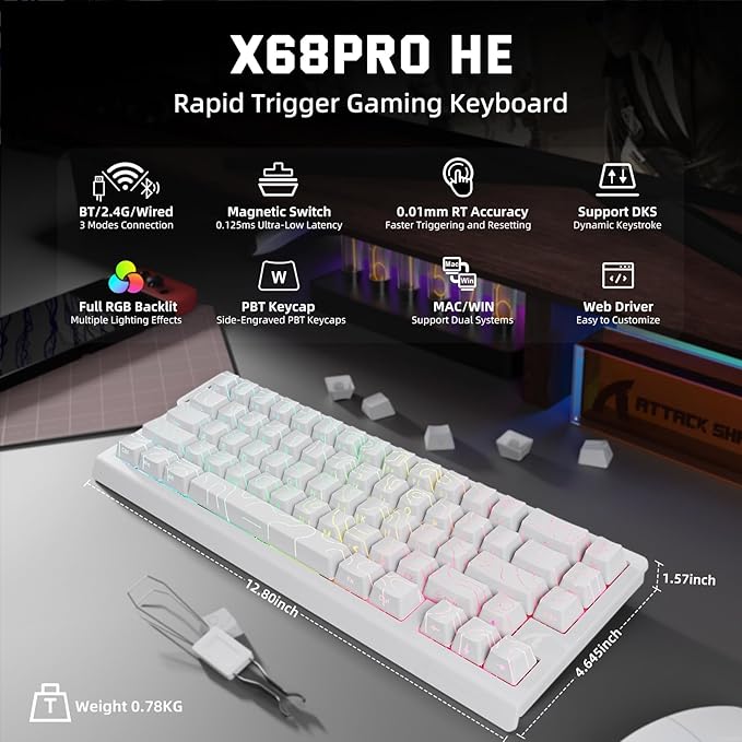 ATTACK SHARK X68HE PRO Rapid Trigger Wireless Gaming Keyboard and X11 Mouse, 8K Polling Rate,Hall Effect Magnetic Switch Keyboard, Tri-Mode Mouse with Magnetic Charging Dock, 22000 DPI for PC Mac