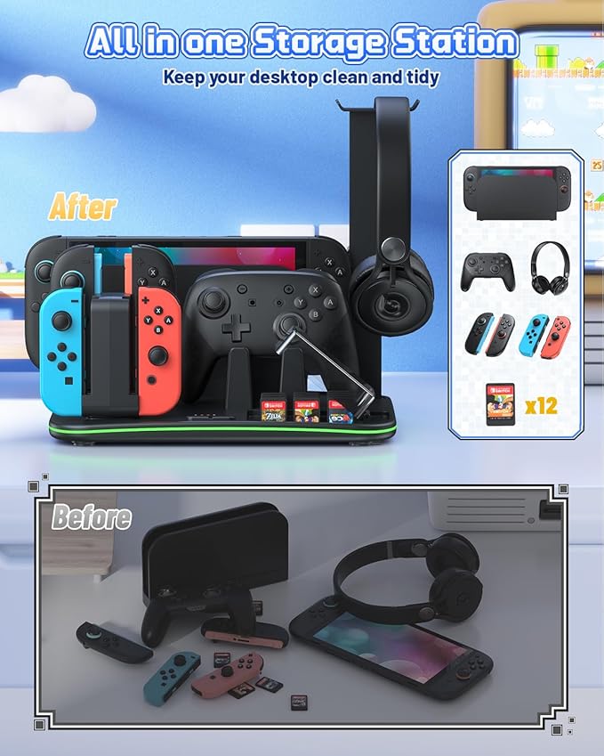 [Switch 2/1 Compatible] FASTSNAIL Charging Dock & Orgainzer Station & Cooling Fan for Nintendo Switch 2/1/OLED, Storage Stand for JoyCon 2/1 with 12 Card Slots, Controller/Headset Holder, 9 RGB Modes
