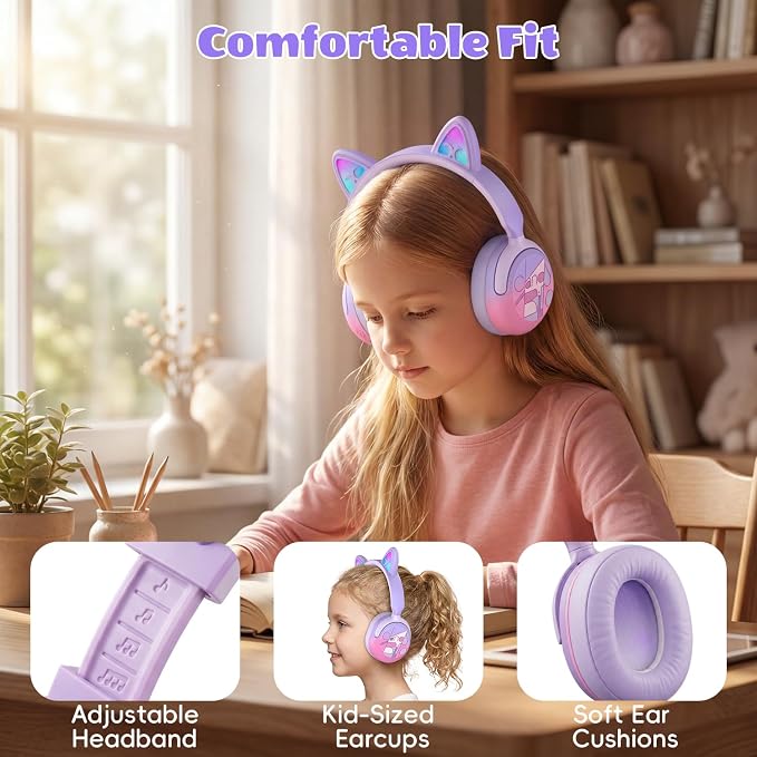 Candy Bila Kids Bluetooth Headphones with LED Cat Ears, Active Noise Cancelling Headphones, 85dB Safe Volume, 40H Play Time, Bluetooth 6.0, Built-in Mic for iPad/Tablet/Airplane, Purple
