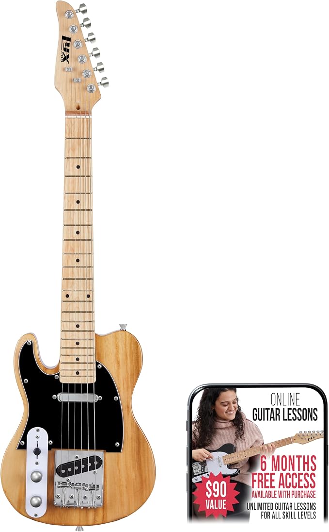 LyxPro 30” Electric Guitar Left Hand TL Series, Full-Size Paulownia Wood Body, 3-Ply Pickguard, C-Shape Neck, Ashtray Bridge, Quality Gear Tuners, 3-Way Switch & Volume/Tone Controls, 2 Picks, Natural
