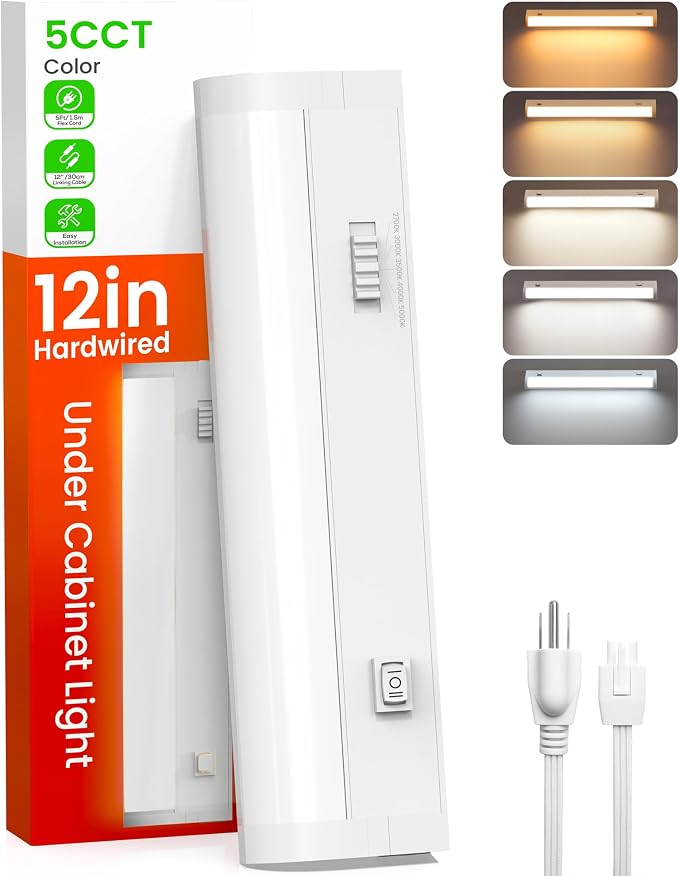 ALUSSO 12 Inch LED Under Cabinet Lighting Plug in 120V, 5CCT Color Selectable 2700K-5000K Dimmable 6W 480LM High Brightness, CRI 90+ Strip Linkable Under Counter Lights for Kitchen Sink, 1 Pack