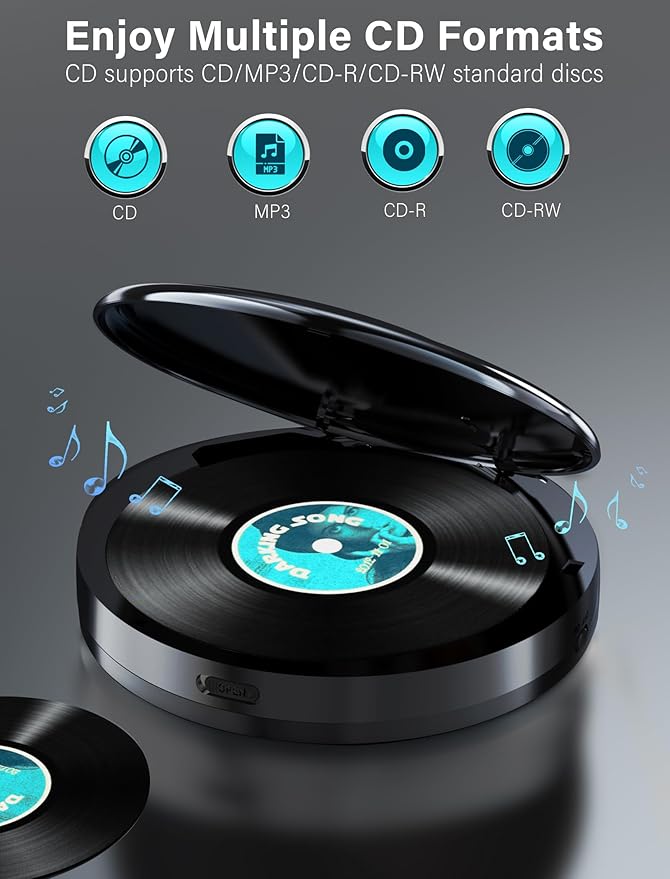 Portable CD Player with Bluetooth 2000mAh Rechargeable CD Player with FM Transmitter,Personal CD Player for Car with Anti-Skip,Headphone,LCD Screen,AUX,Built-in Stereo Speaker,USB(Dark Gray)