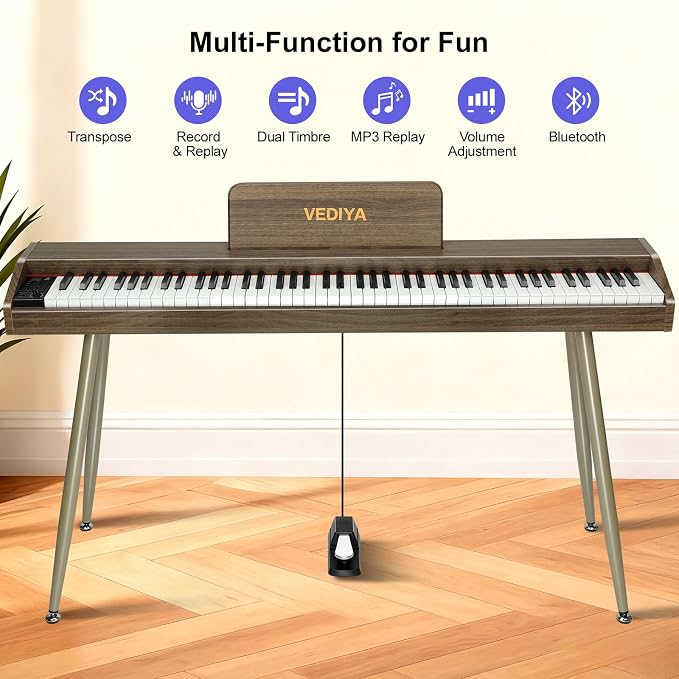 Digital Piano Keyboard 88 key,Semi-Weighted Electric Piano,Full Size Acoustic Piano for Beginners with Pedal, USB-MIDI Compatibility (Walnut)