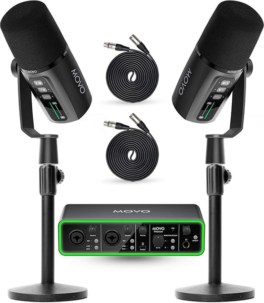 Movo Podcast Equipment Bundle - Phantom USB Audio Interface, 2 UM6 XLR/USB-C Dynamic Microphones, and 2 Tabletop Stands - Dual Microphone Setup for Professional Podcasting and Streaming