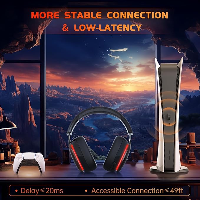 Gtheos 2.4GHz Wireless Gaming Headset for PS5, PS4 Fortnite & Call of Duty/FPS Gamers, PC, Nintendo Switch, Bluetooth 5.3 Gaming Headphones with Mic, Stereo Sound, Red Light -BlackRed