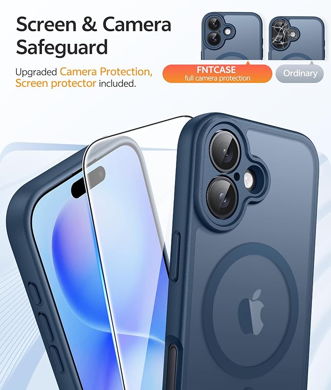 FNTCASE for iPhone 16 Plus Case [Compatible with Magsafe] Translucent Matte Cases with [Screen Protector] Military Grade Shockproof Protective Phone Cover - Blue