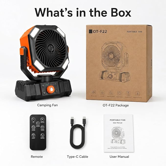 Portable Camping Fan with LED Lantern, 10000mAh Rechargeable Battery Operated Outdoor Fan with Remote, Auto Oscillating Portable Misting Fan with Hanging Hook for Tent, ABS, Orange & Black