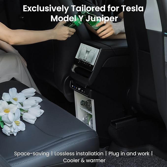 Car Refrigerator for Tesla Model Y Juniper, Rear Center Console Fridge for Model Y 2026~2025, Cooler & Warmer, Portable Freezer for Camping Commuting Sports & Traveling