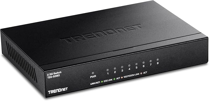 TRENDnet 8-Port 2.5Gb Multi-Gigabit Unmanaged Gaming Switch, TEG-S380, 8 x 2.5GBASE-T Ports, 25Gbps Switching Capacity, Ethernet Splitter, NDAA & TAA Compliant, Fanless, Lifetime Protection, Black