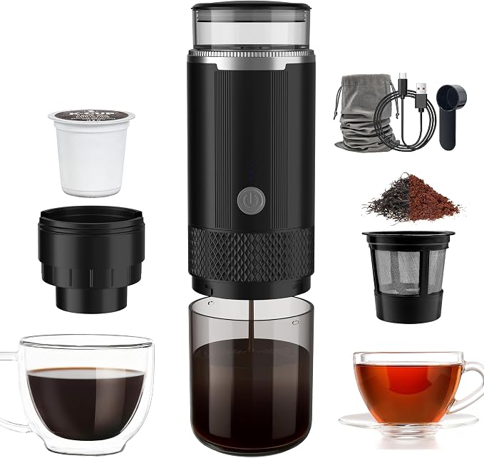 Portable Travel Coffee Maker, 3-in-1 Camping Coffee Machine with USB-C for Travel Car,Cordless Battery Powered,Rechargable,Compatible with Ground Coffee,Capsules,Tea, 6OZ Cup,Black,170ml