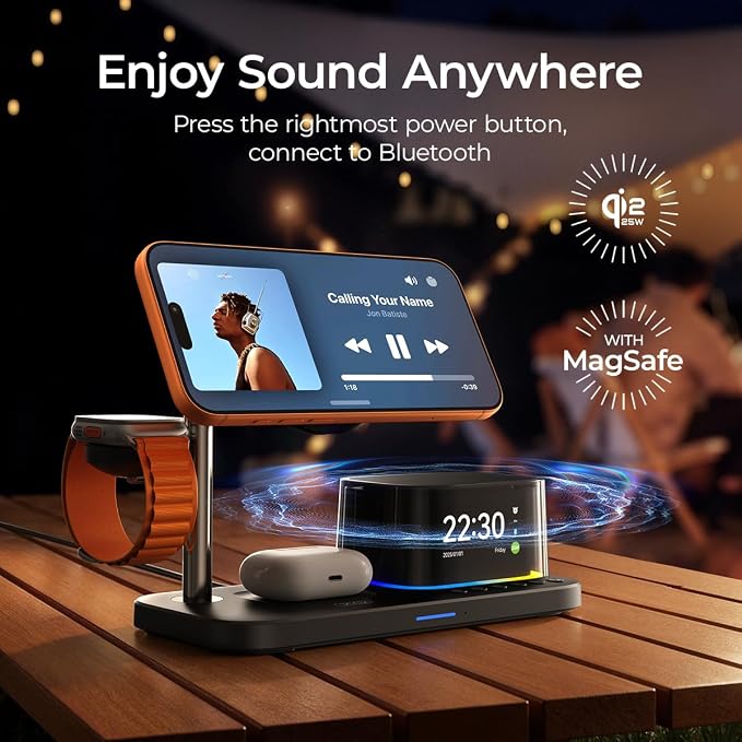 QI2.2 Charging Station for Apple Device【 25W Fast Charging+Cooling Fan】 5in1 Magnetic Wireless Charger with Speaker and Alarm Compatible with iPhone/Watch/AirPod (45W Adapters Included) Black