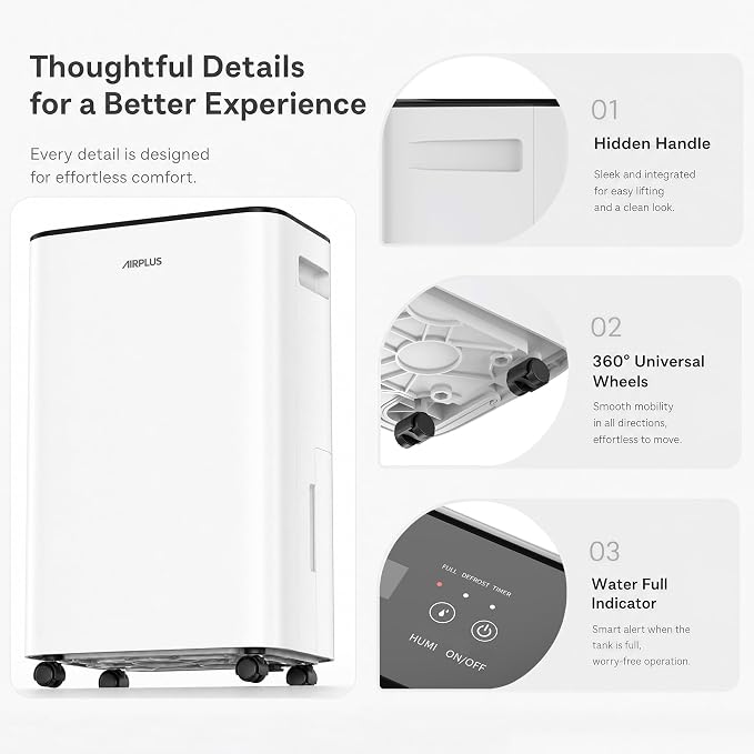 AIRPLUS 2500 Sq.Ft Dehumidifier for Basement, 30 Pints Dehumidifiers for Home with Drain Hose, Quiet Smart Humidity Control for Bedroom, Bathroom with Auto Shut Off, Dry Clothes, 24H Timer