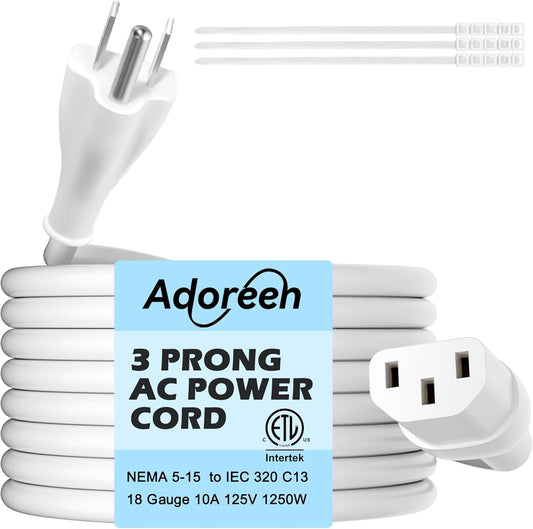 Adoreen 15 Ft Computer TV Replacement Power Cord White, 18AWG 3-Prong AC Universal Power Supply Cable NEMA 5-15P to IEC 320 C13 for Printer, PC, Monitor TV LCD, ETL+Ties