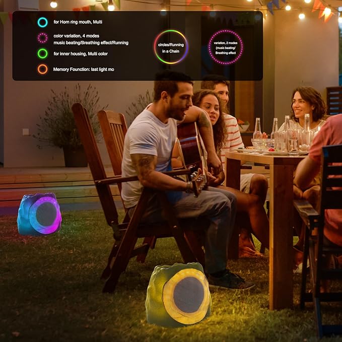 Outdoor Speakers Solar Powered & USB-C Rechargeable, Rock Speakers TWS Pairing Wireless Outdoor Speaker Bluetooth 5.4, LED Light Show, Waterproof, ideal for Backyard BBQ, Garden, Poolside (2-Pc,Black)