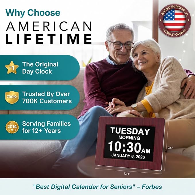 American Lifetime New 2026 Dementia Clock Large Digital Clock for Seniors, Alzeimer Clock Large Display with Custom Alarms, Clock with Day & Date for Elderly, Digital Calendar Premium Mahogany 12"