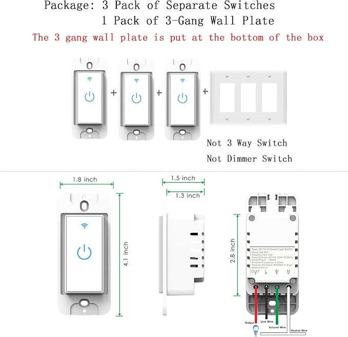 Smart Switch 3Gang Smart Light Switch 3 Gang, 2.4Ghz in-Wall Smart Switch WiFi Light Switch Compatible with Alexa and Google Assistant, Single Pole, Need Neutral Wire