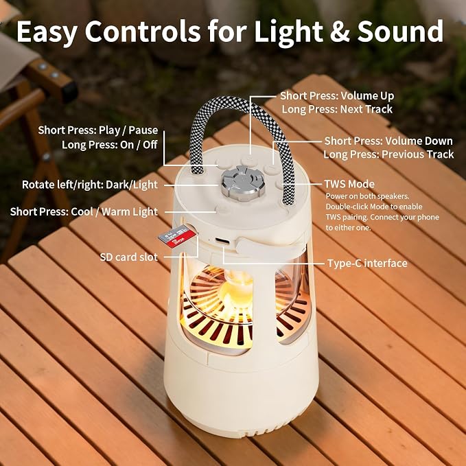 Revonext Camping Lantern Bluetooth Speaker, Rechargeable Waterproof Outdoor Lantern with 10W Stereo Sound, Adjustable Dual-Tone Light, TWS Pairing, Gift for Dad, Men, Outdoor Lovers(White)
