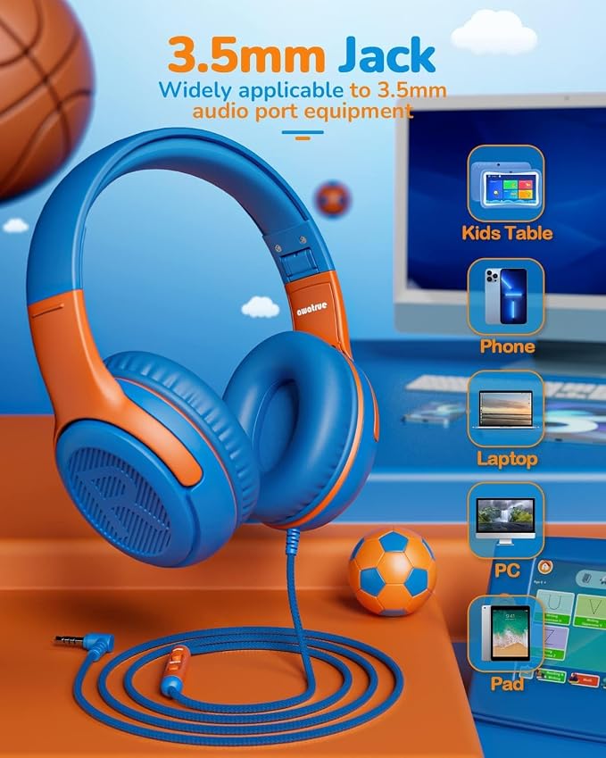 awatrue 3PCS Kids Headphones for School Travel, 85/94dB Safe Volume Limit, 3.5mm Jack, HD Mic, Portable Wired Headphone with Shareport, Stereo Sound On-Ear Headphones for Toddler Kids Girls Boys