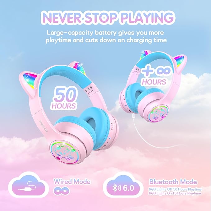 IFECCO Kids Wireless Headphones with Case,Cute LED Light Up Cat Ear Children Girls Bluetooth 6.0 Headphones Volume-limiting for School iPad Tablet Gifts
