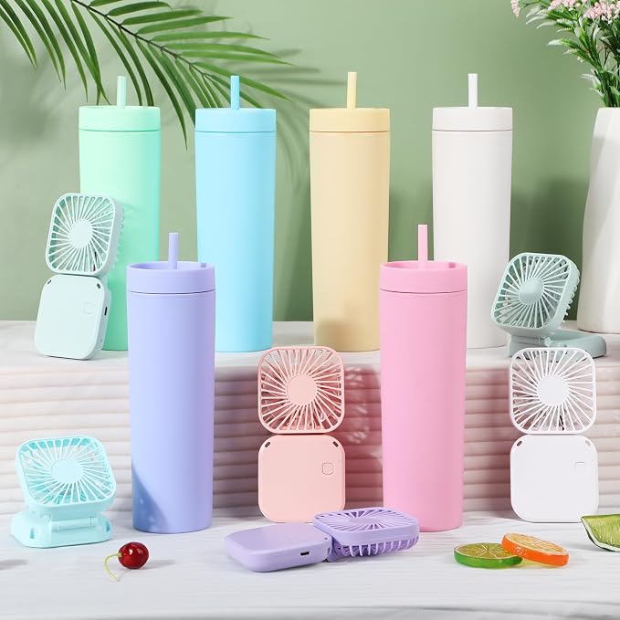 Reallnaive 12 Pcs Skinny Tumbler Bulk and Mini Portable Fans Set for Summer, 16 oz Plastic Cups with Lids Straws and Small USB Rechargeable Handheld Fan for Cooling Gift (Multicolor)