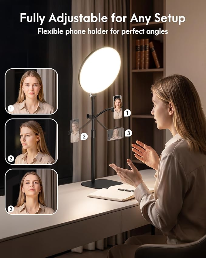 Full-Panel Ring Light with Stand and Extra-Long Flexible Phone Arm for Podcast & Streaming, 10" LED Video Light for Desk, Laptop & Computer, Dimmable Studio Lighting for Recording & Content Creation