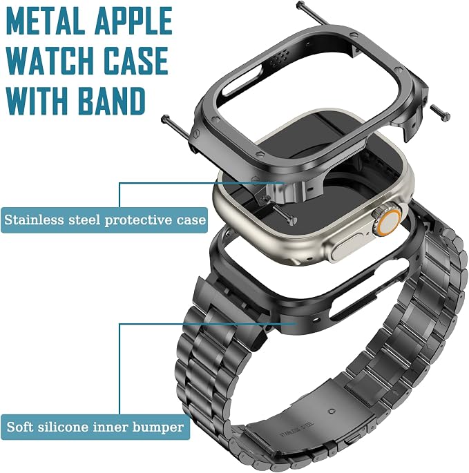 MioHHR Stainless Steel Watch Band with Case Compatible with Apple Watch Ultra3 2 1(49mm), Rugged Strap with Metal Protective Bumper Cover for iWatch Band Men(Space Grey)