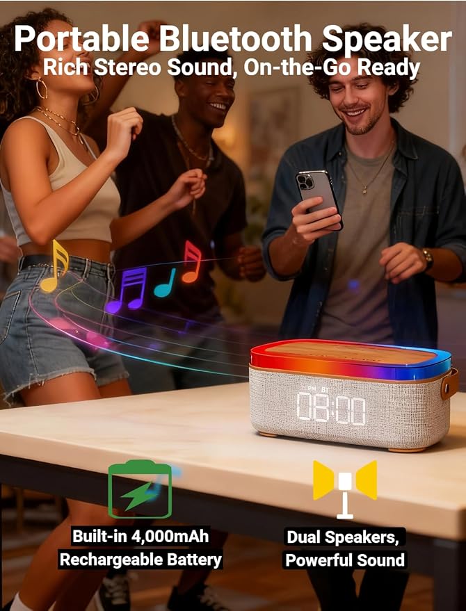 4-in-1 Alarm Clock Bedrooms for Heavy Sleeper, Bluetooth Clock Sync with Phone, Portable Bluetooth Speaker, 15W Wireless Charging Station, Ambient Mood Night Light, Trendy Gift Room Decor