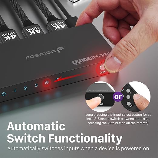 Fosmon 3-Port HDMI 4K Switch with Remote, Support 4K@60Hz HDCP 2.2 High Speed 18Gbps 3 in 1 Out Auto-Switching 3x1 HDMI 2.0 Switcher Splitter Hub Compatible with PS5, Xbox X, Apple TV